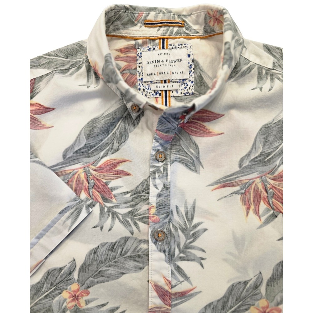 Denim And Flower Reverse Weave Short Sleeve Shirt  Mens L Slim Fit Tropical